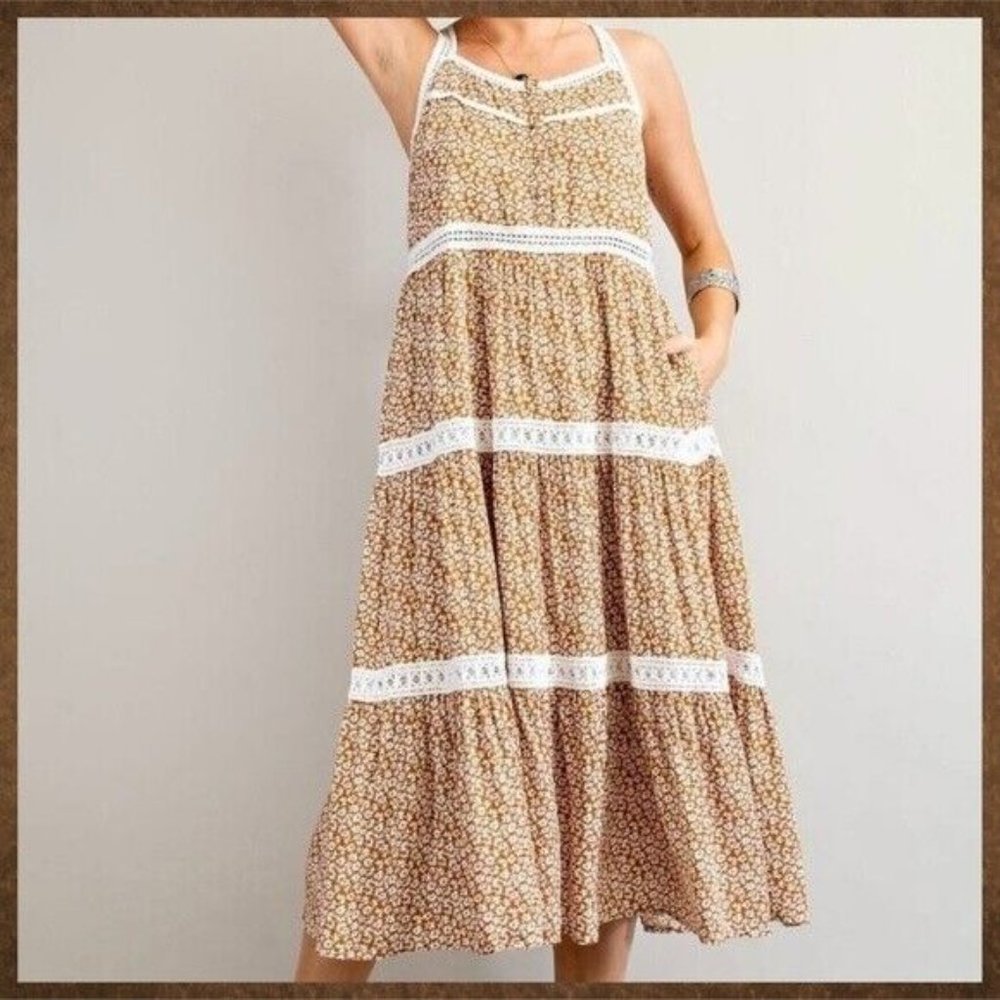 EASEL Racerback Floral Print Lace Trim Tiers Midi - Maxi Ruffled Hem - Picture 7 of 16